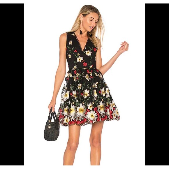 Alice + Olivia Dresses & Skirts - Alice + Olivia Becca Pouf Dress Embroidered Flower Black Dress Size 0
